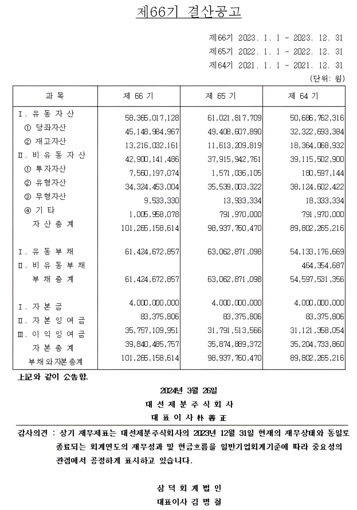 제66기 결산공고 이미지